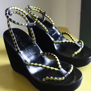 Miu Miu Wedge Heel Black + Yellow Leather Shoes